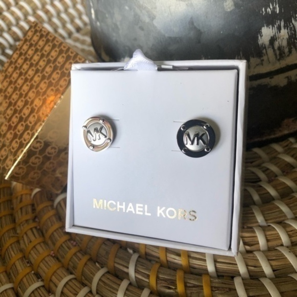 Michael Kors Silver Tone MK Logo Stud Earrings Round Disc Designer NWT Boxed